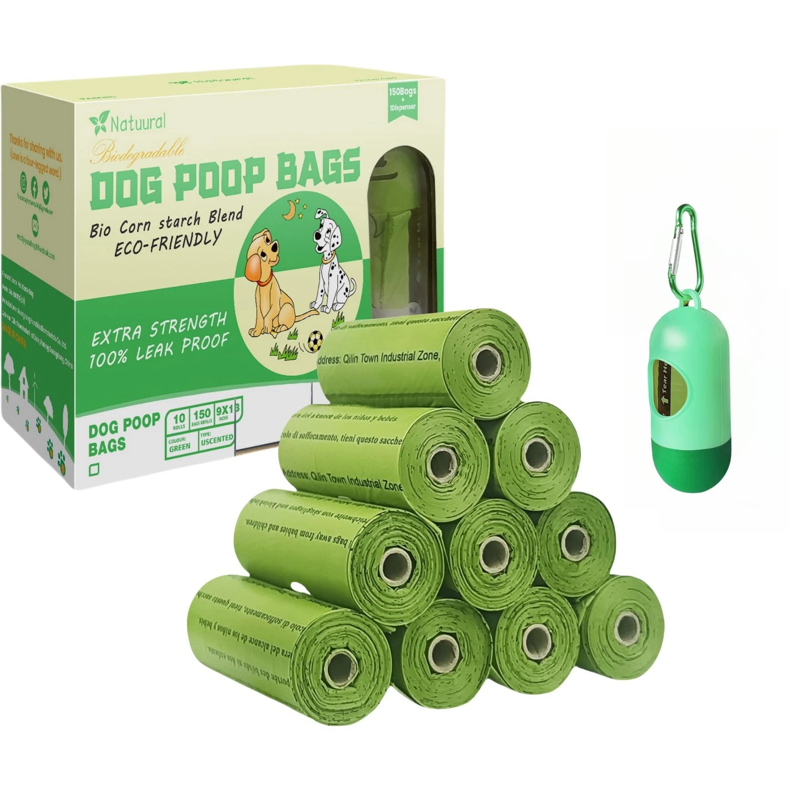 Degradable Poop Bags 15 Rolls x 15 Bags | Thick, Unscented, with Dispenser - Image 1