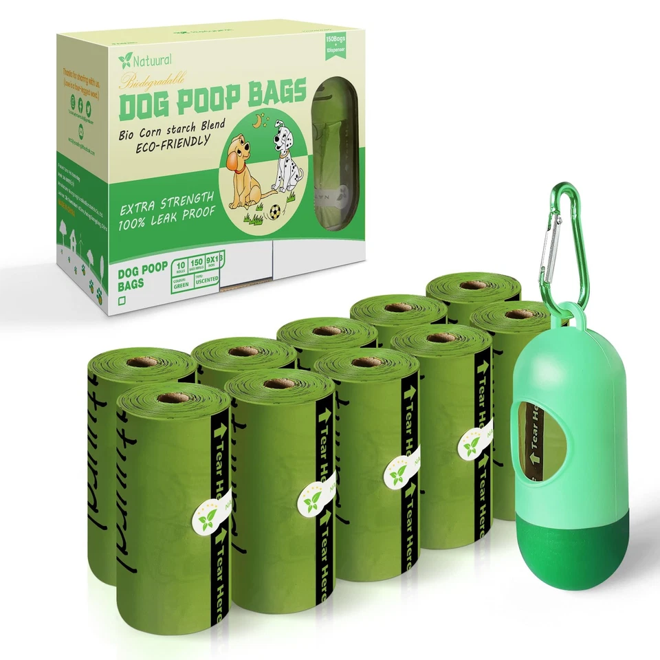 Degradable Poop Bags 15 Rolls x 15 Bags | Thick, Unscented, with Dispenser - Image 1
