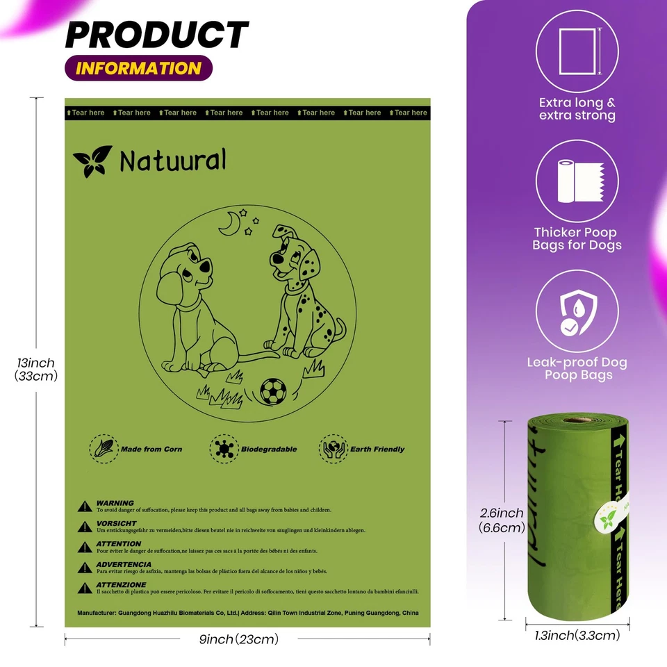 Degradable Poop Bags 15 Rolls x 15 Bags | Thick, Unscented, with Dispenser