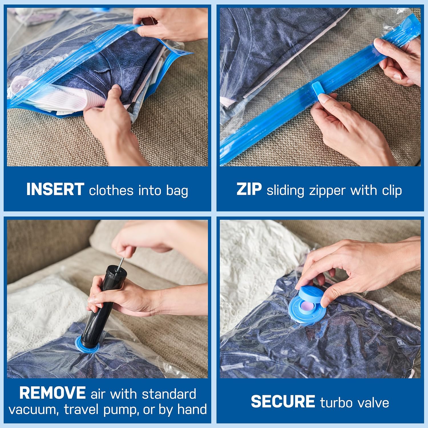 Vacuum Storage Bags Medium 4-Pack | Manual Air Removal, Pump NOT Included, Double Zipper Seal - Image 1