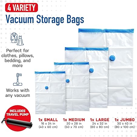 Vacuum Storage Bags Medium 4-Pack | Manual Air Removal, Pump NOT Included, Double Zipper Seal - Image 1